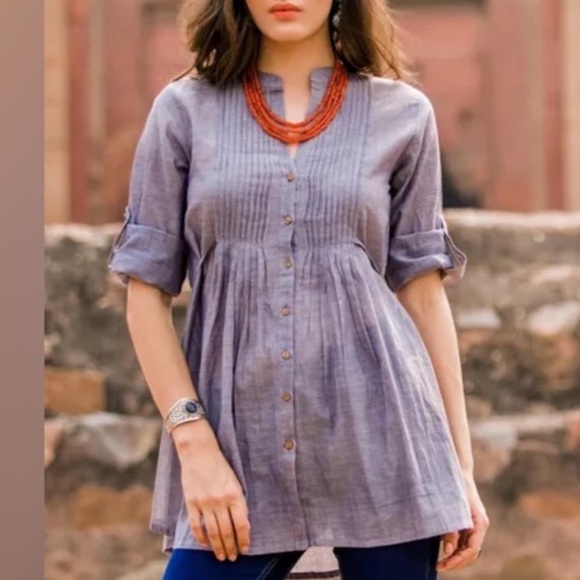 Speed Control Blue Pleated Tunic with Mandarin Collar - Picture 1 of 12